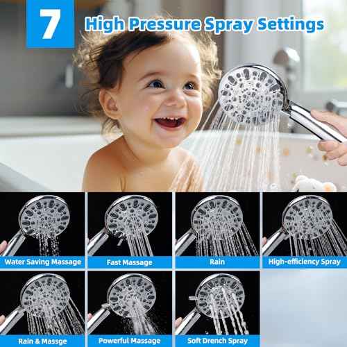Hibbent All Metal 10'' Filtered Rainfall Shower Head Combo for Easy Reach, High Pressure Shower Head System, Handheld Showerhead, Adjustable Holder, 18'' Extension Arm, Shower Filter, 7-spray, Chrome
