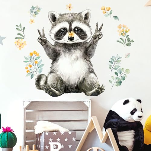 Yovkky Lovely Raccoon Wall Decals Stickers, Woodland Animals Flower Leaves Toddler Baby Nursery Decor, Forest Home Decorations Kids Bedroom Playing Room Classroom Art