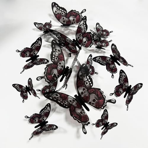 Halloween Wall Stickers 24 Pcs 3D Butterfly Wall Decals Gothic Black Red Butterfly Wall Decor Halloween Party Supplies for Bedroom Room Door Window Fireplace Decoration, Skull Style