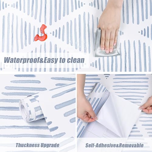 WENMER Geometric Peel & Stick Wallpaper - 17.3' x 118' Blue & White Striped Contact Paper for Restroom & Bedroom