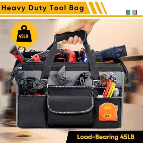 Large Heavy Duty Tool Bag for Men ? 17" Toolbox Organizer with 22 Pockets & Wrench Holder ? Wide Mouth Tool Tote with Anti-Slip Base ? Gift for Handyman, Mechanic, Father's Day