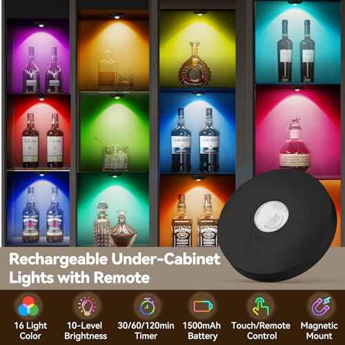 Rechargeable Puck Lights with Remote, 12 Pack Magnetic Under Cabinet Lighting, 1500mAh Battery Operated LED Tap Lights with Dimmer & Timmer for Kitchen, Closet, Shelf - 3 Color Temps & 12 RGB, Black