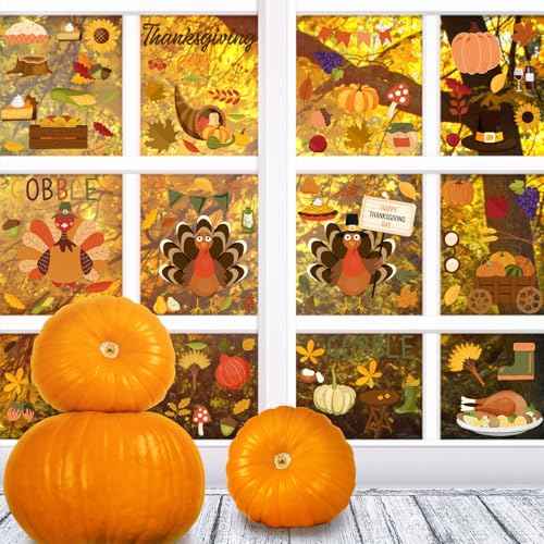 115 Pcs 6 Sheets Thanksgiving Wall Decals Fall Wall Stickers Thanksgiving Maple Leaves Turkey Pumpkin Stickers Fall Window Clings Decoration for Bedroom Living Room Home Decor(Pumpkin)