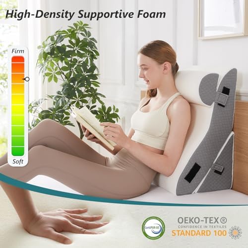 Bed Wedge Pillow for Sleeping 3 PCS - 35D Foam Wedge Pillow Post Surgery for Back Leg Pain Relief - 22.5" Wide Triangle Pillow Wedge for Acid Reflux & Snoring & GERD (White Grey)