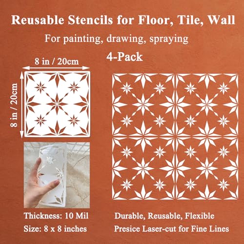 4 Pieces 8 x 8 Inches Wall Stencils Reusable Geometric Floor Tile Stencils for Painting Walls, Tiles, Floors, Concrete Patios, Front Porch, Wood, Furniture, Fabric - Snowflake Pattern