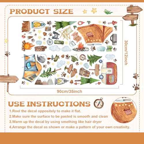2 Sheet 64 Pcs Camping Wall Decals Stickers Adventure Theme Room Stickers Tent Camper Outdoor Wall Decals RV Bonfire Camping Decor for Classroom Kids Nursery Bedroom Home Decorations