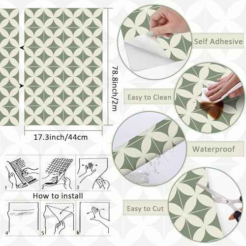 Green Beige Geometric Wall paper Peel and Stick Wallpaper Boho 17.3"¡¿78.8" Green Removable Self Adhesive Wallpaper for Bathroom Kitchen Backsplash Contact Paper for Cabinets and Drawers Vinyl Roll