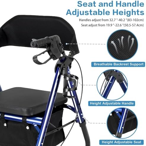 Amblisss Walkers for Seniors with Seat, Foldable Rollator Walkers, 300 lbs Weight Capacity, 8" Wheels Dual Height Ajustable, Rolling Walker with Seat for All-Terrain, Dark Blue