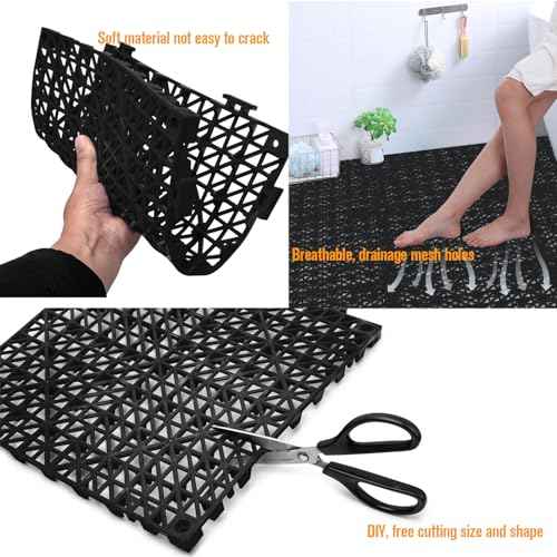 12 Pcs Drainage Mat Modular Interlocking Cushion 11.8" x 11.8" Garage Floor Tiles Non-Slip Splicing Rubber Floor Tiles for Drain, Deck, Pool, Outdoor/Indoor (Black)