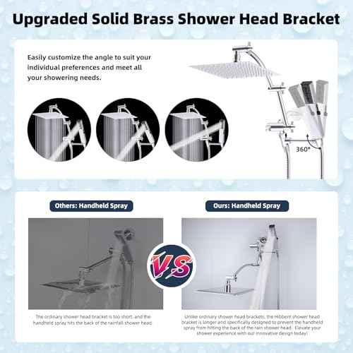 Hibbent All Metal 8'' Rainfall Shower Head, Square Shower Head Combo, High Pressure Handheld Shower Wand, 4 Sprays, 16'' Adjustable Arc-shaped Extension Arm, 71'' Hose, Showerhead Holder, Chrome