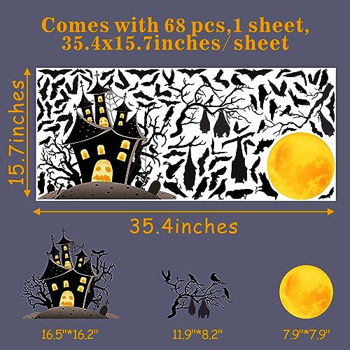 Halloween Moon Bat Wall Stickers Crow Tree Branch Decals Removable Large Halloween Castle House Bat Wall Stickers Peel and Stick Black Crows Raven Bats Decoration Party Supplies