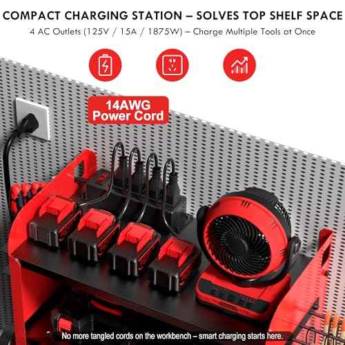KSVO Power Tool Organizer Wall Mount with Drill Rack & Locking Drawers - Heavy Duty Metal Tool Shelf for Garage, Workshop, Shed, Basement Tool Organization - Gift for Men/Father (Red)