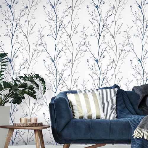 Grey Blue Tree Branches Peel and Stick Contact Paper 17.7" x 78.7" Modern Tree Branch Removable Wallpaper Natural Wall Paper Self-Adhesive Vinyl for Drawer Liner Furniture Crafts Accent Walls