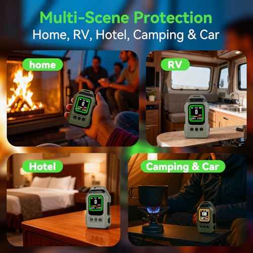 Portable 4-in-1 Carbon Monoxide Detector, Rechargeable Mini CO Alarm with Magnetic Back, 300H Standby, Temp & Humidity Sensor Air Quality Monitor for Home, Travel, Camping, RV, Car