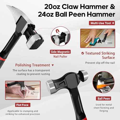 YIYITOOLS 4-Piece Hammer Set - 2LB Dead Blow, 24oz Ball Peen, 20oz Claw, 3LB Sledgehammer - One-Piece Carbon Steel Forging, Ergonomic Anti-Slip Rubber Grips for Garages, Repair Shops, and DIY