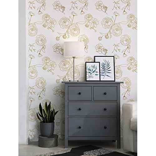Safiyya 118"x17.3" Peel and Stick Wallpaper Gold and White Contact Paper Rose Floral Wallpaper Self Adhesive Removable Wallpaper for Bedroom Covering Vinyl Rolls