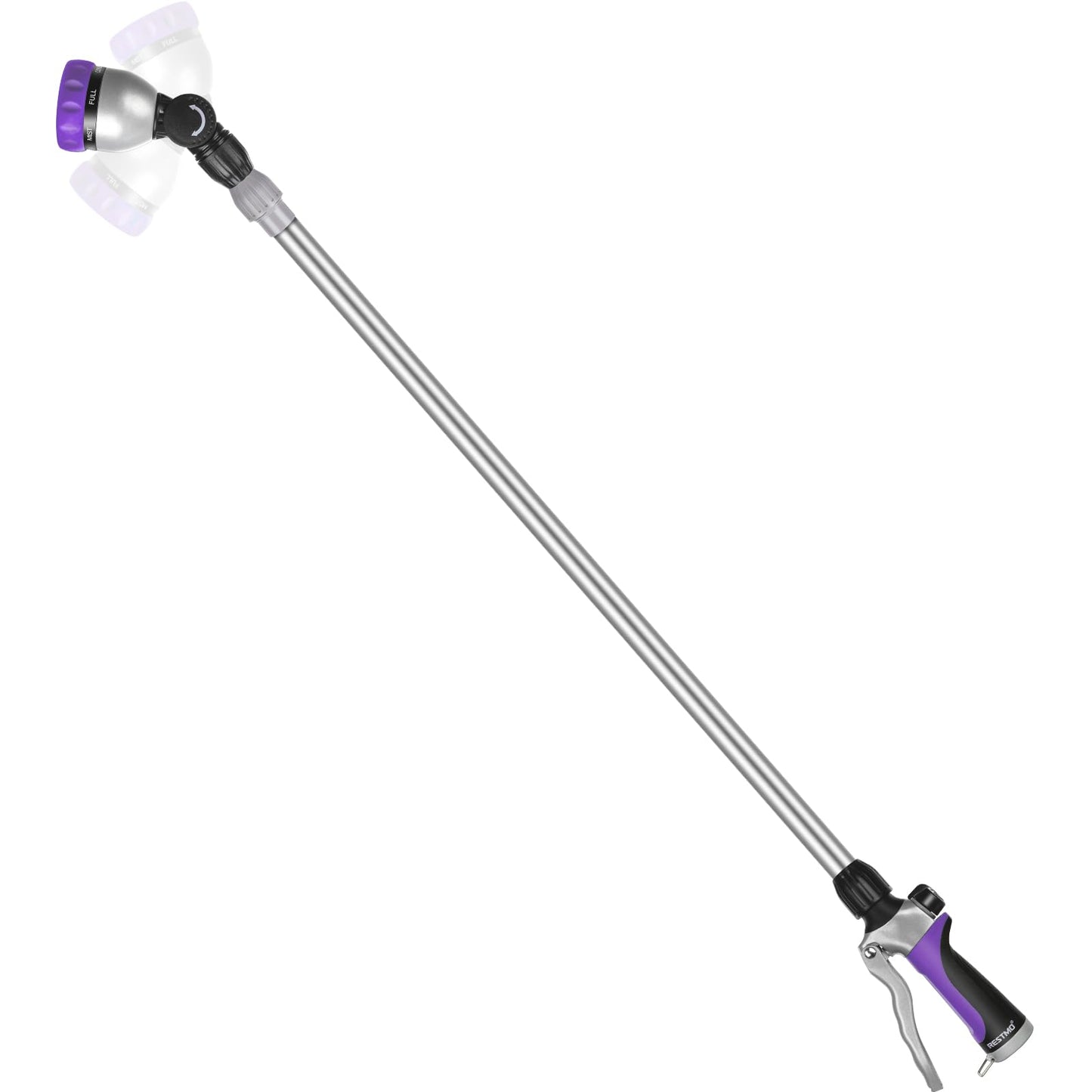 RESTMO 36â-60â Metal Watering Wand, Long Telescopic Tube | 180Â° Adjustable Ratcheting Head | 7 Spray Patterns | Flow Control, Perfect Garden Hose Sprayer to Water Hanging Baskets, Shrubs, Purple