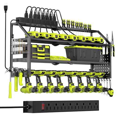 Power Tool Organizer Wall Mount with Charging Station, 8 Drill Holder with 8-Outlet Power Strip, Garage Cordless Drill Storage and Organization, Battery Utility Rack