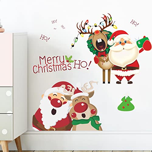 Santa Claus Wall Decals Merry Christmas Stickers Decorations, Lovely Santa Claus Reindeer Decor Posters Removable Vinyl Art Murals Xmas Party Supplies