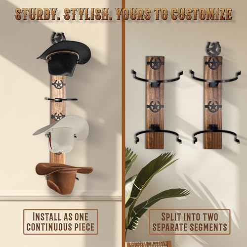 VOYX Cowboy Hat Rack Wall Mount ? Rustic Wooden Board with 4 Western Hooks ? Metal Horseshoe & Star Decor ? Hat Hanger for Entryway, Bedroom, or Ranch ? Includes Screws & Anchors