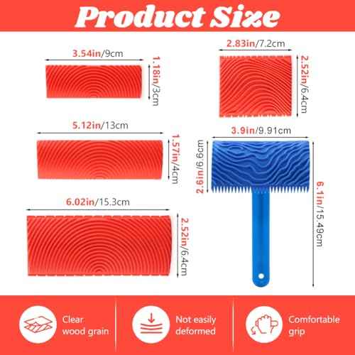 5 Pack Wood Grain Tool,Woodgraining Tool Kit,Texture Pattern with Handle Roller Rubber Empaistic Graining Tool Paint Look Like Wood for DIY Wall Room Art Decoration