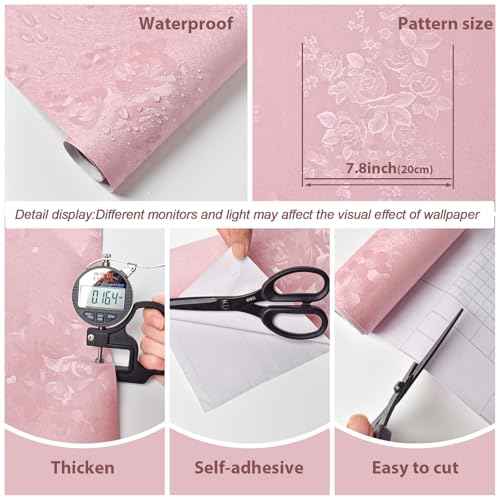 Latvo Pink Wallpaper Silk Embossed Floral Pink Contact Paper Peel and Stick 118inL 17.7inW Self Adhesive Wallpaper for Bedroom Kids Room Decor Nursery Textured Flower Contact Paper for Cabinets Liner