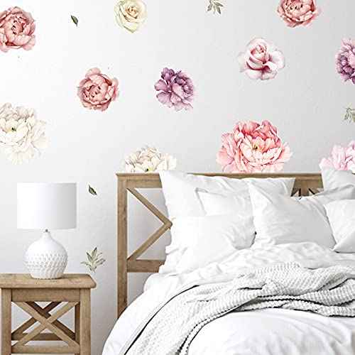 Large Floral Wall Decals, 15 Peonies Flower Set Stickers for Bedroom, Living Room, Nursery, Elegant Floral Decals for Home Decor, Boho Botanical Style