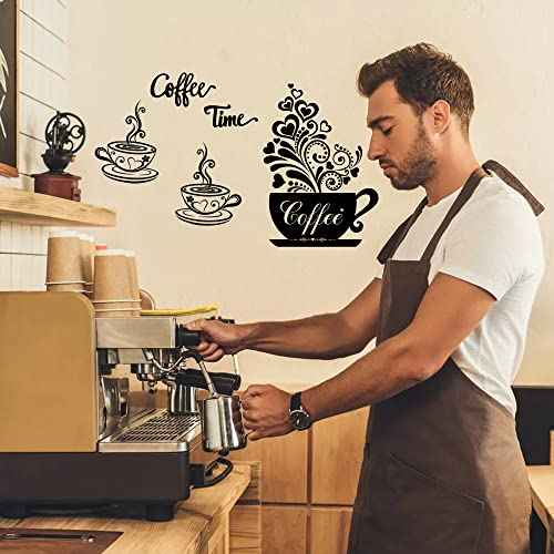 Vinyl Wall Decals - Kitchen Decor Stickers - Black Coffee & Tea Signs - Flower Wall Art - Removable DIY Coffee Sayings - Home Cafe Shop Bar Pub Office