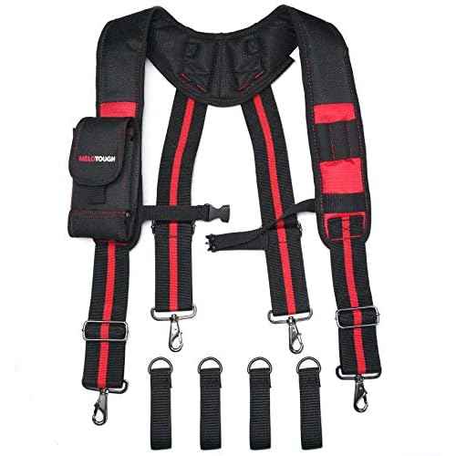 MELOTOUGH Tool Belt Suspenders Construction Work Suspenders with detachable phone holder comfortable foam shoulder padder (Red)