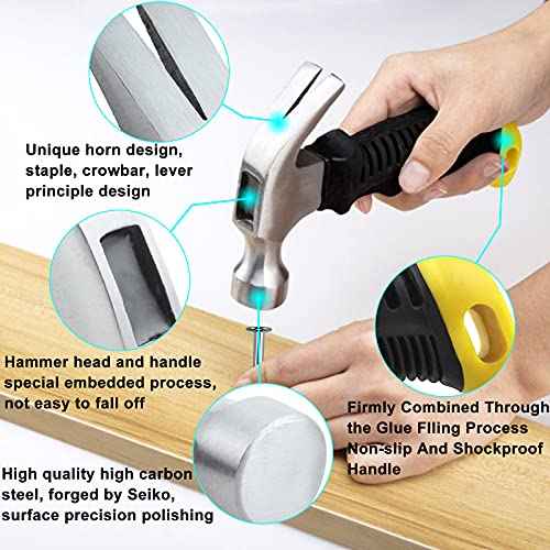 376pcs Hardware Nails Assortment Kit with 8oz Small Claw Hammer, Mini Hammer with Anti-Slip Handle, Maximum Length 2 Inches, Finishing Nails for Hanging Pictures, Household & DIY