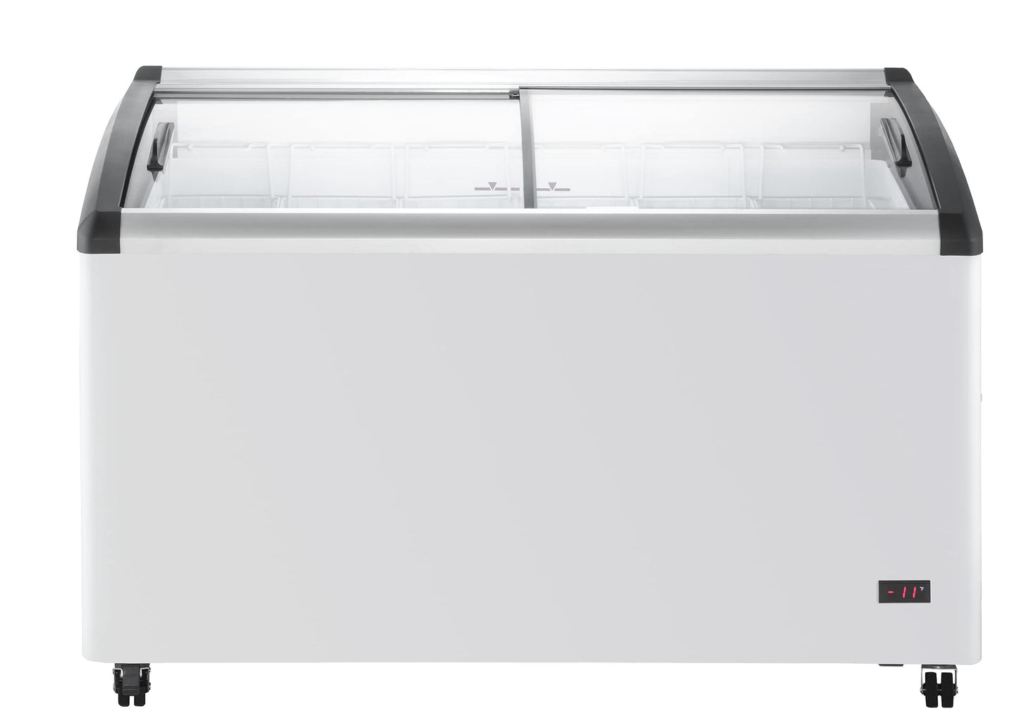 Duura Commercial Mobile Ice Cream Display Chest Freezer Sub Zero Temp Curved Glass Top Frost Free Lid with 6 Wire Baskets, 53.2 Inch Wide 15.2 Cubic Feet, White