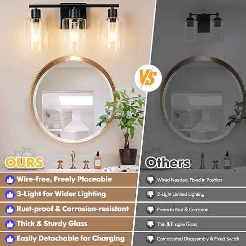 Battery Operated Wall Sconce, 3-Light Black Wireless Rechargeable Vanity Light Fixture with Remote & Bulbs, Dimmable Modern Indoor Non-Hardwired Wall Mounted Lamp for Bedroom, Living Room, Bathroom