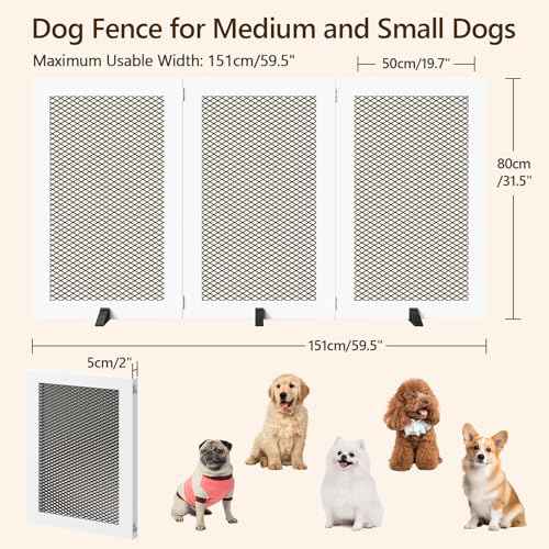 Freestanding Dog Gate Indoor, Foldable Wooden Pet Gate for The House Stairs Doorways, 4 Panels Tall Dog Fence with Support Feet, 59.5"W x 31.5"H, Extra Wide Step Over Fence, White DGHW80101
