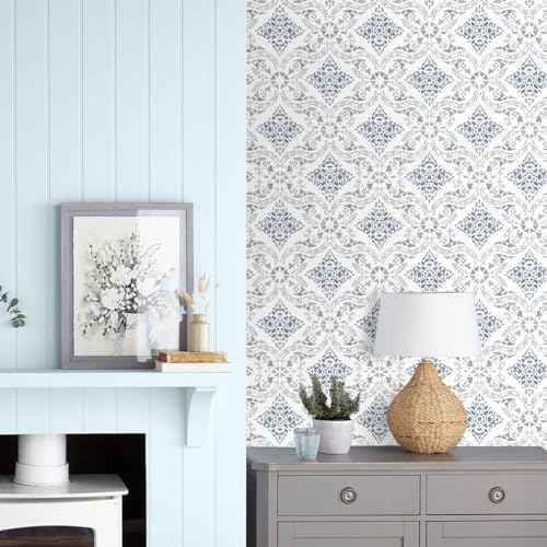 Peel and Stick Wallpaper Blue Boho Wallpaper for Bathroom Contact Paper Blue Self Adhesive Wall Paper Peel and Stick Vintage Removable Kitchen Backsplash Waterproof Vinyl 16.9in x 118.1in
