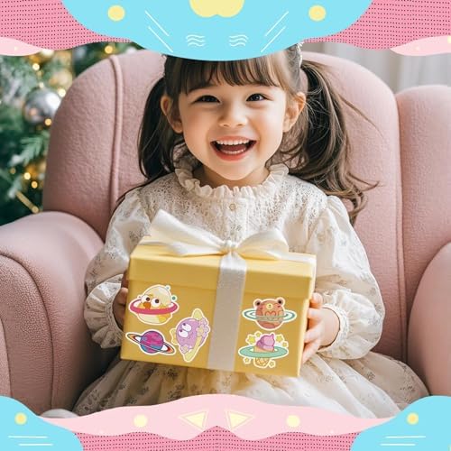 100 PCS Cartoon Planet Space Star Stickers, Fantastic Cute Cartoon Planet and UFO Water Bottle Laptop Car Computer Skateboard Suitcase Decal, Moon and Star Stickers, PP/Polypropylene Waterproof Decal