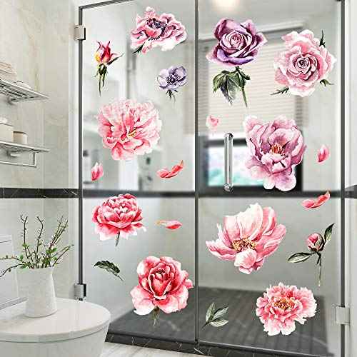 Amaonm Removable 3D Beautiful Pink Red Peony Flower with Green Plants Leaf Wall Decal Wall Stickers DIY Peel and Stick Art Decor for Kids Girls Bedroom Living Room Nursery Decoration (A)