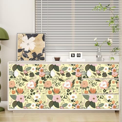 Danodoi Yellow Floral Peel and Stick Wallpaper Vintage Blue Contact Paper Pink Flower Wall Mural Home Vinyl Waterproof Self Adhesive Removable Renter Friendly Wall Paper 17.5" x 118"