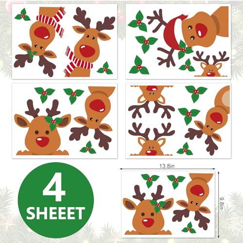 Christmas Wall Stickers Cute Reindeer Wall Decals Large Room Mural Stickers for Xmas Home Party Decor, 9.8 x 13.8 Inch, 4 Sheets