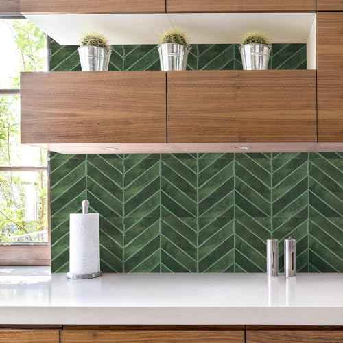 STICKGOO 10 Sheets Thicker Herringbone Peel and Stick Backsplash, 12.6¡±¡¿9.7¡± Stick on Wall Tiles, Self Adhesive Tile Sticker for Kitchen Backsplash and Bathroom, Green