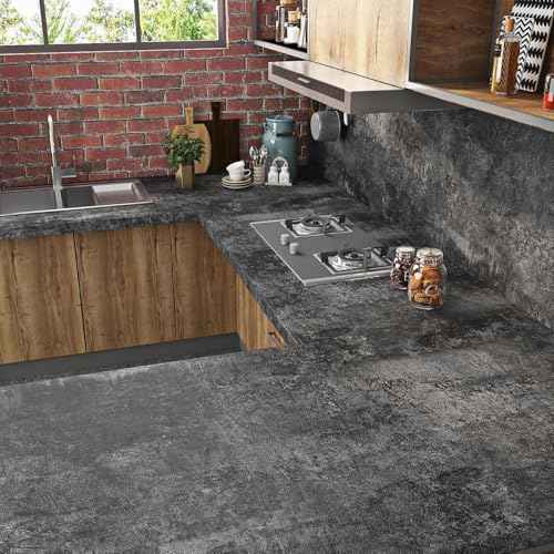 Livelynine Black Textured Concrete Wallpaper Peel and Stick for Bedroom Kitchen Living Room Accent Wall Dark Concrete Contact Paper Countertops Industrial Cement Wall Paper Bathroom Garage 15.8x78.8