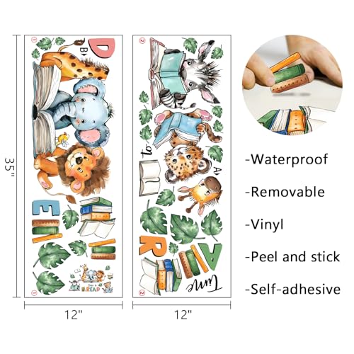 Mfault Time to Read Animal Book Wall Decals Stickers, Educational Elephant Lion Giraffe Nursery Decorations Classroom Bedroom Art, Zebra Leopard Plant Neutral Toddler Kids Reading Corner School Decor