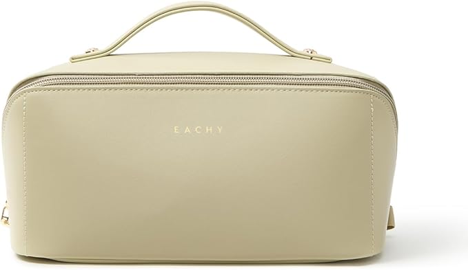 EACHY Travel Makeup Bag, Large Capacity Cosmetic Bag for Women, Waterproof PU Leather, Flat Open Portable Toiletry Bag for Skincare, Brushes & Travel Essentials