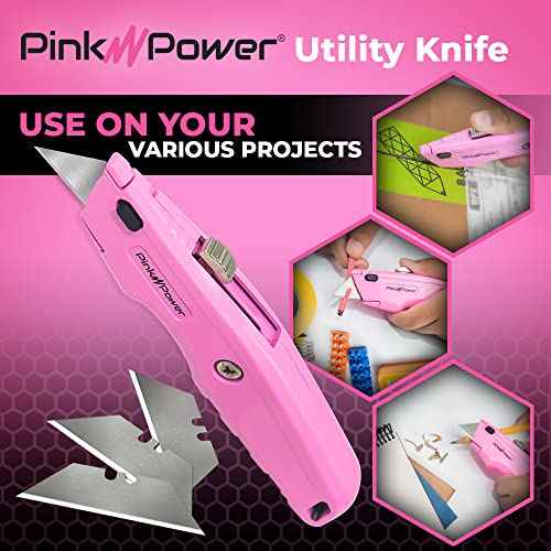 Pink Power Box Cutter Retractable, Pink Utility Knife for Carpet, Cute Box Cutter Knife Heavy Duty with 3 Blades and Storage Compartment - Opener Pocket Utility Tools for Women