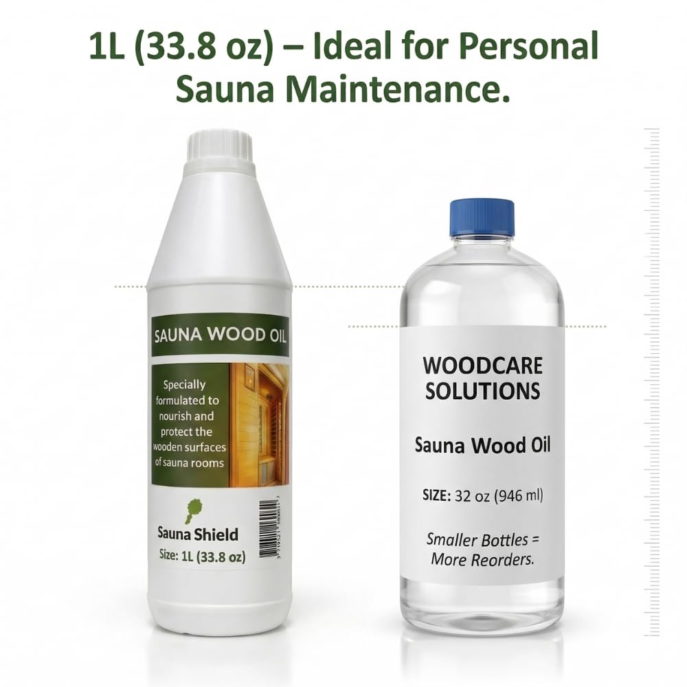 Sauna Shield Sauna Wood Oil - 1 Liter (33.8 fl oz) - 100% Pharma-Grade Paraffin Oil | Protects & Nourishes Sauna Wood | Solvent-Free, Unscented, Covers 150+ Sq Ft | for Traditional & Infrared Saunas