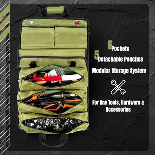 Tool Roll Bag with Metal Quick Release Buckle | Heavy Duty Tool Roll Bag Organizer | Canvas Roll-Up Organizer | Mechanics & Motorcycle Tool Bag Detachable Pouches | Roll Up Tool Bag Organizer