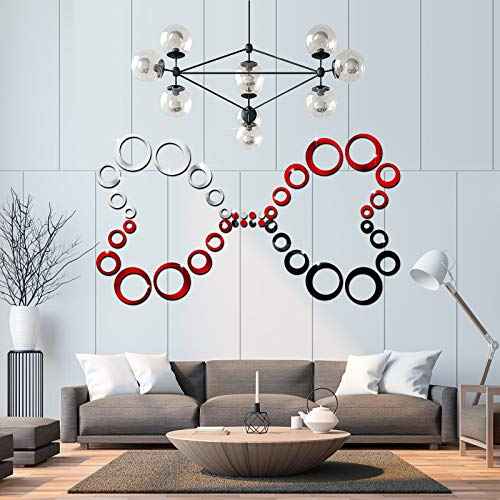 Outus 72 Pieces Wall Stickers Decor Acrylic Circle Mirror Removable Red and Black Wall Decor Round Dots Bulk DIY Red Living Room Decals Modern Art Murals for Home Bathroom Bedroom Decoration