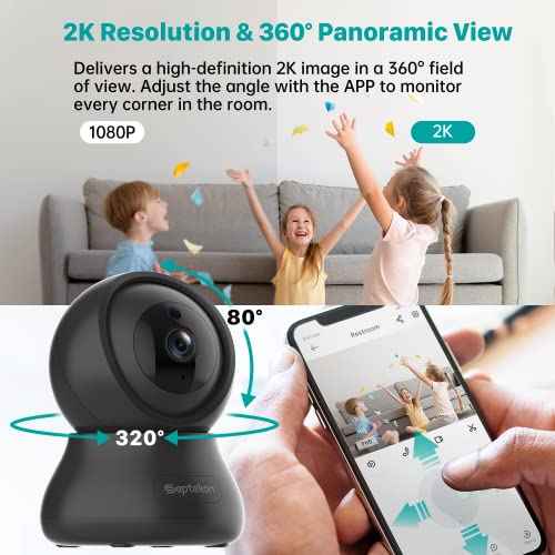 Septekon Indoor Security Camera 2K, 360¡ÆPan Tilt Baby Monitor Pet Camera 2 Pack, 2.4GHz Wi-Fi Camera with Night Vision, Motion Detection, 2-Way Audio Siren, Cloud/SD Card, Works with Alexa, Black