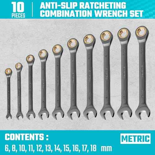 DURATECH Anti-Slip Ratcheting Wrench Set, Combination Wrench Set, 10-Piece, Metric 6-18mm, 72-Tooth, Nickel Plating, CR-V Steel, with Pouch