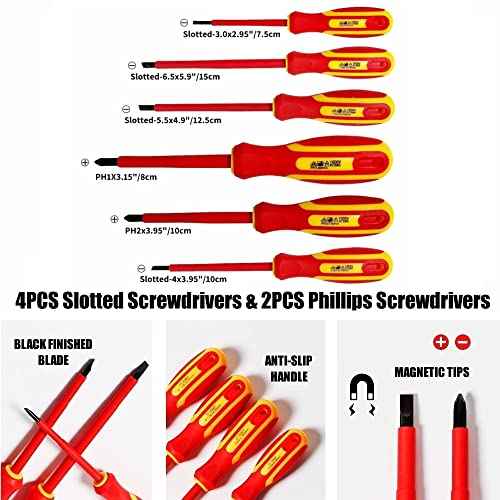 6-Piece 1000 Volts Insulated Screwdriver Set, Magnetic Tip Electrician Screwdriver Set, 4 Slotted and 2 Philips, with Plastic Supporter