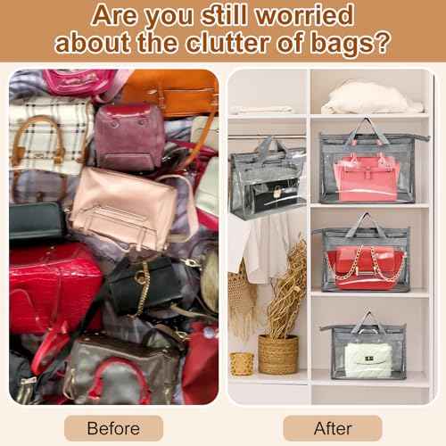 10 Pcs Dust Bags for Handbags,Clear Handbag Storage Organizer,Purse Storage Organizer for Closet,Purse Protector Storage Bag with Zipper Handle and Hooks (Grey)